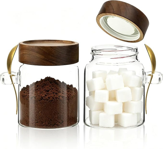 10 oz Glass Jars Set of 2, Spice Jar Round Storage Canister with Airtight Wooden Lid Clear Glass Food Jar for Pantry Sugar Tea Coffee Bean Spice Cookies Bath Salts (10oz/300ml-2 pack-with spoon)