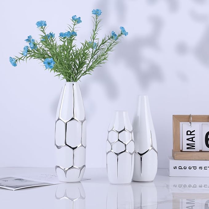 Ceramic Vase Set of 3, Modern Vases for Home Decor, White and Silver for Living Room, Kitchen, Bedroom, Bathroom, Entryway Mantel, Living Room TV Cabinet Decoration