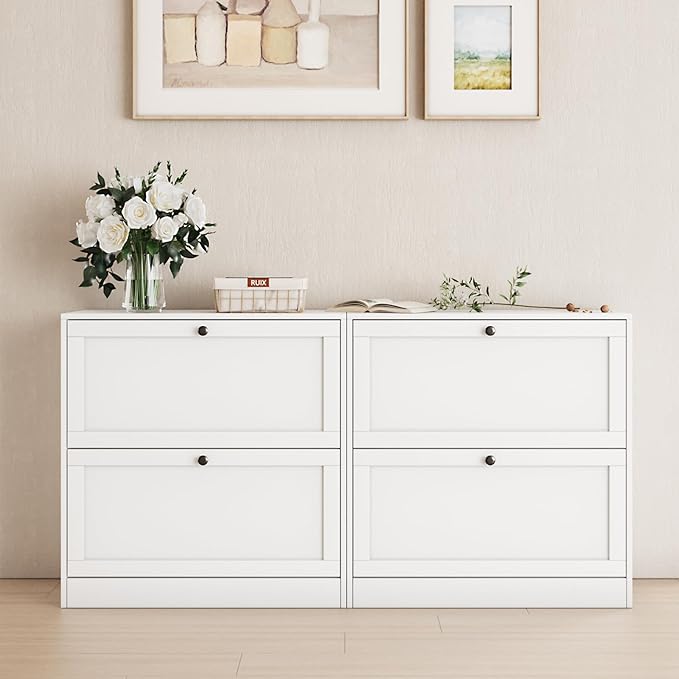 VOWNER Shoe Cabinet with 2 Flip Drawers, Shoe Storage Cabinet with 3-Tier Shoe Rack & Adjustable Shelves, Shoe Organizer for Entryway, Hallway, White