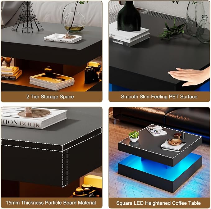 HedoAjim Black LED Coffee Table for Living Room, Living Room Table 2-Tier Square Middle Center Table, Modern Coffee Tables with Storage, Wood Tea Tables for Dining Reception, Skin Feeling
