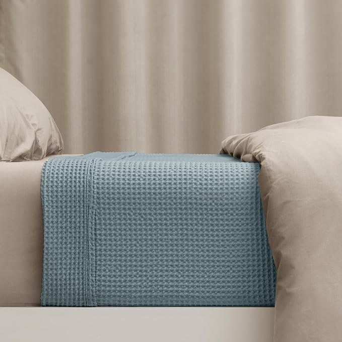 PHF Pre-Washed 100% Cotton Waffle Weave Blanket Queen Size for Bed,Snag Proof Throw Blanket for Couch Spring Summer Lightweight Breathable,Machine Washable, Home Decor Gift - Ocean