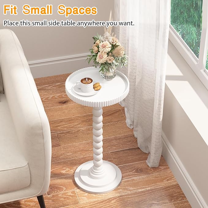 Drink Table，Slot Edge Round Small Side Table for Small Spaces, Round End Tables with Decorative Tray, Pedestal Martini Tables for Living Room, Bedroom, Sofa Couch, Corners (White)
