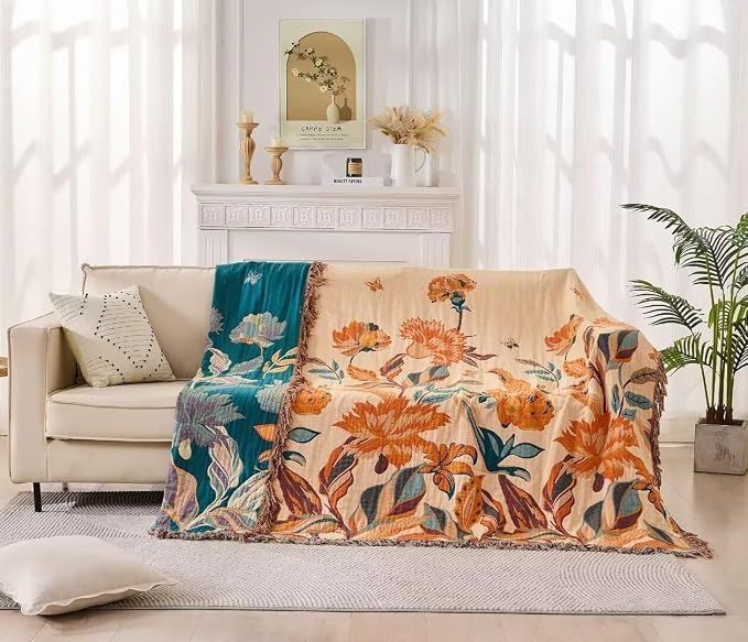 Boho Throw Blanket for Bed 100% Cotton Bohemian Blankets Ultra Soft Woven Muslin Decorative Blankets All Seasons Vintage Quilt Knitted Blanket for Sofa Chair(Orange, 60"x80")