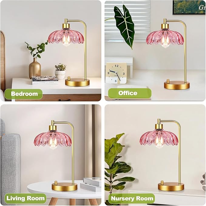ILLMTW Pink Table Lamp Set of 2,Small Gold Bedside Lamps Dimmable Boho Bedroom Lamp with Tulip Flower Glass Lamp Shade,Vintage Mid Century Modern Mini Nightstand Lamp for Bedroom Living Room