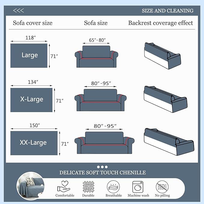 DREAMINGO Modern Minimalism Couch Cover for 3 Cushion Couch Sofa Greyish Blue 3 Seat Sectional Sofa Covers L Shape Couch Cover for Dogs Boho Herringbone Sofa Slipcover, 71"x134"