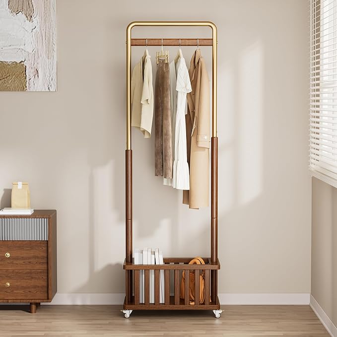 Taitiy Clothes Rack Solid Wood Coat Rack, Metal and Solid Wood Combination Clothing Rack with Wheels for Entryway, Bedroom, Living Room, Coat Racks Freestanding for Hanging Clothes Garment Scarf