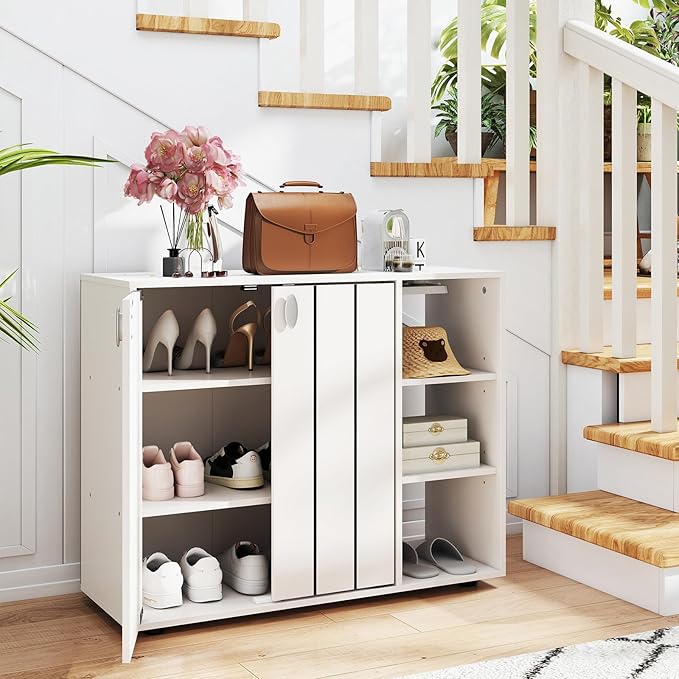 Giantex Wood Shoe Cabinet with Doors, Freestanding Shoe Rack Cabinet with 3-Level Adjustable Open Shelves, Modern Wooden Shoe Storage Cabinet for Entryway, Hallway, Closet, Living Room (White)