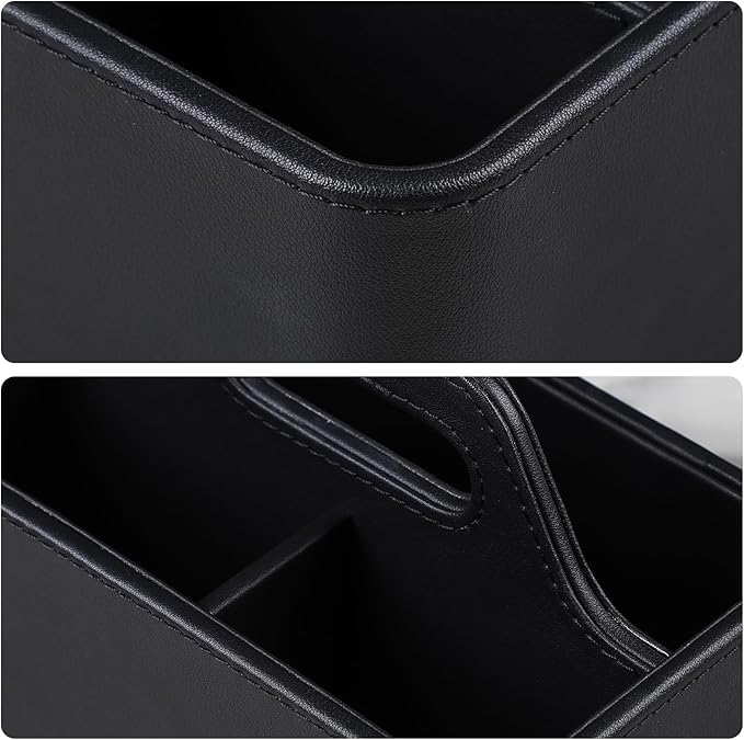 Caddy Organizer with Handle, PU Leather Remote Control Holder Desk Caddy, Portable Makeup Remote Organizer for Table, Nightstand, Office (Black)
