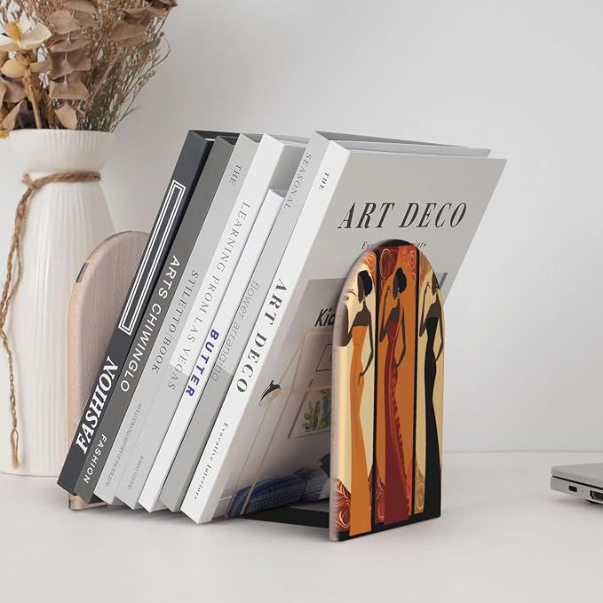 Women Retro 2 Piece Wood Decorative Bookends 6.7x4.2 in, Book Ends for Home Office Library Shelves Decor Room Kitchen Desktop