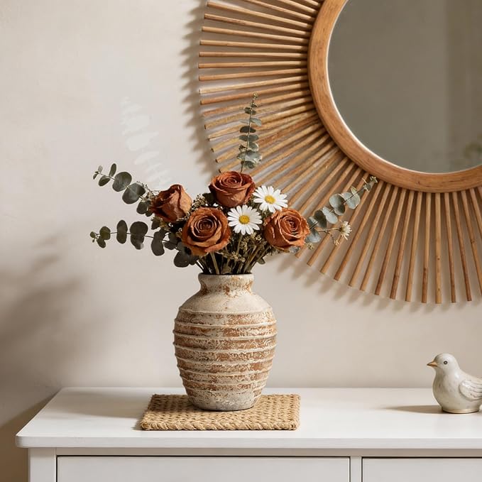 DOWAN Terracotta Ceramic Vase 6.6 Inch, Small Rustic Decorative Pottery Vase for Home Decor, Farmhouse Centerpiece Vase for Living Room Table Mantel Fireplace, Antique Earth Tone