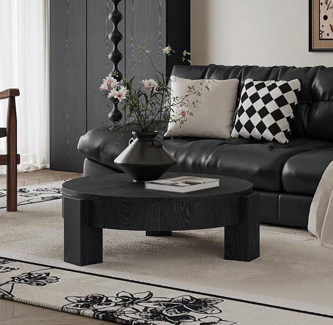33'' Round Coffee Table with Hidden Storage, Modern Wood Veneer Top, 3 Block Legs Sturdy Center Accent Table for Living Room, Small Space, Black