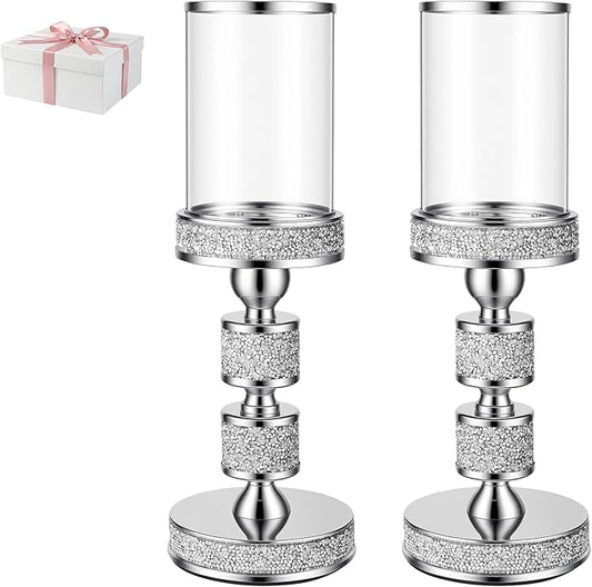Hurricane Candle Holder, 13.5" Tall Metal Candle Stand, Glass Pillar Candle Holders, Crystal Silver Decorative Centerpieces for Table, Wedding and Dining Room (Fits Candles up to 3"x5", 2pcs, M)