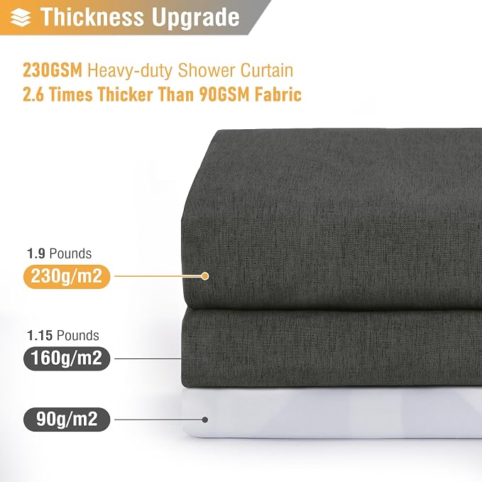 BTTN Charcoal Grey Shower Curtain - Linen Textured Heavy Duty Thick Waterproof Cloth Shower Curtain Set with 12 Plastic Hooks, Hotel Luxury Decorative Fabric Shower Curtain for Bathroom, 72x72, Gray