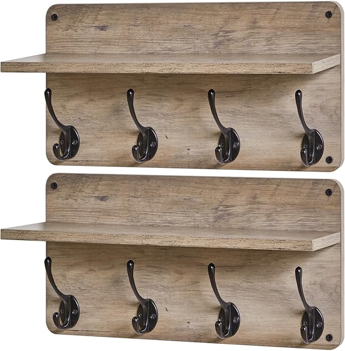 YMYNY Coat Rack Shelf Wall Mounted, Wooden Coat Hooks Set of 2, Entryway Coat Hanger with 8 Hooks,31.5''L Floating Shelves, Key Holder, for Bedroom, Bathroom, Living Room, Silver Gray UHWS006Y-2
