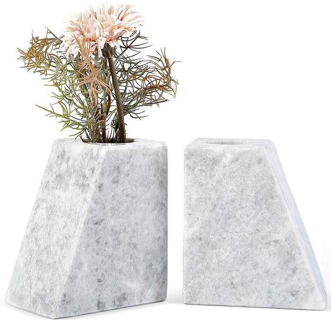 Marble Bookends Decor, Unique Vase Book Ends for Shelves, Natural Stone Book Stopper for Home, Kitchen and Office Decoration (Grigio)