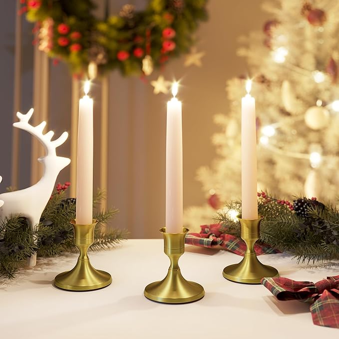 zeochyni Brass Gold Taper Candle Holders Set of 2, Vintage Metal Candlestick Holders for Dinner Room Table Centerpiece or Mantel Wedding Party Decor