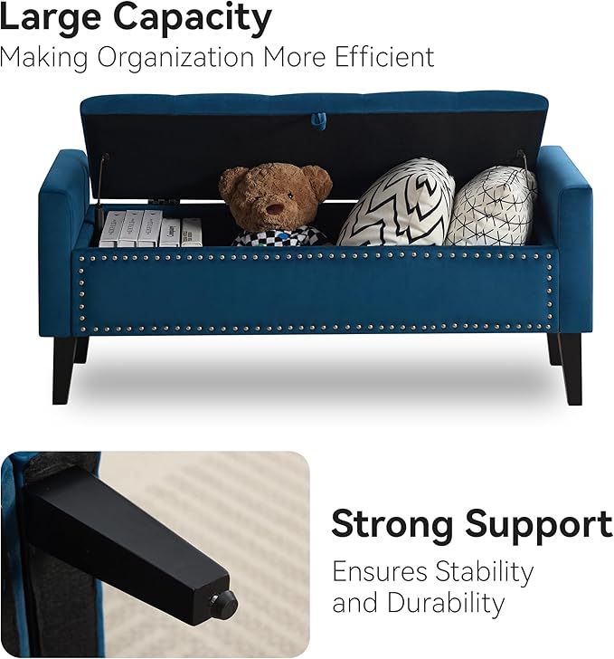 WUTUTUEE 47" Velvet Storage Bench, Upholstered Bed Bench with Storage, End of Bed Ottoman with Wooden Legs,Bedside Storage Bench for Bedroom, Living Room, or Entryway, Blue