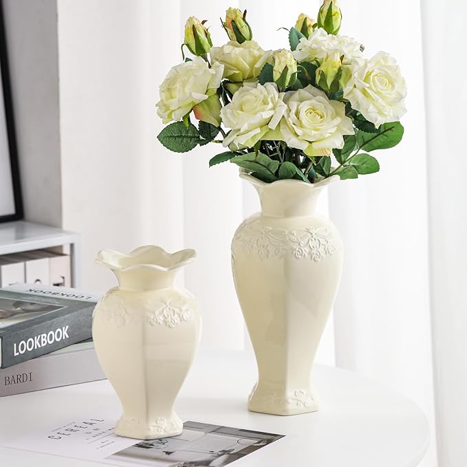 Relievo Elegant White Cream 8in 11in Ceramic Flower Tall Aesthetic Beige Table Tulip Wide Mouth Rose Filler Decorative Rustic Vase Decor for Home (Cream Vase, L)