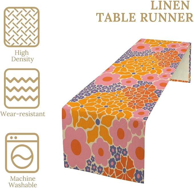 Retro Floral Table Runner Vintage Boho 70s 60s Groovy Hippie Geometric Flowers Dinner Runner for Home Kitchen Dining Table Holiday Party Decor 13"x90"