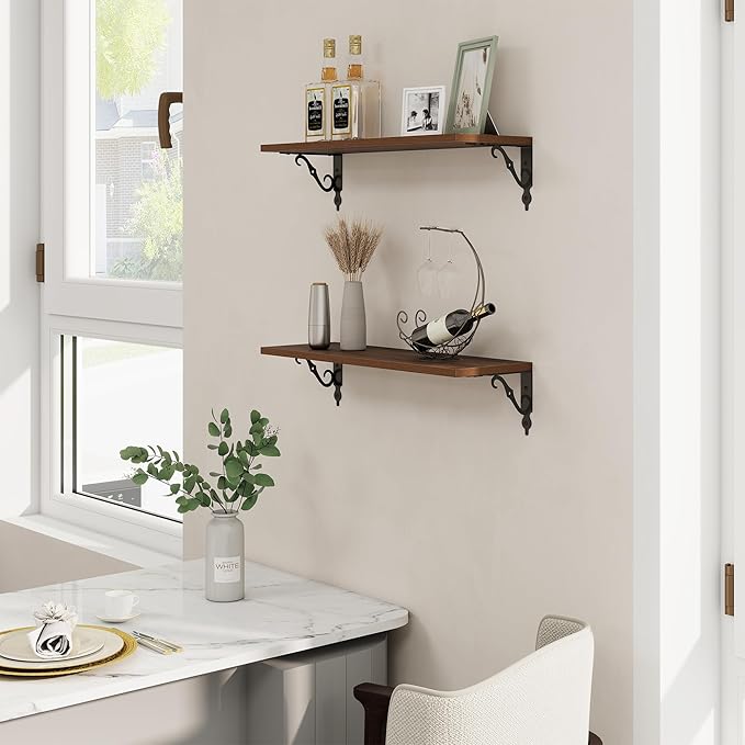 RICHFOCUS Floating Shelves for Wall Decor, 24Inch Shelves Set of 2, 24W x 8D Floating Shelves Wall Mounted with Metal Brackets, Rustic Wood Shelves for Living Room Bedroom Kitchen, Walnut