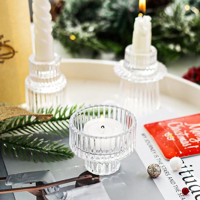 Clear Candlestick Holders 12PCS Ribbed Glass Taper Candle Holders for Tealight Stick Candles Table Centerpieces Thanksgiving Christmas Indoor and Outdoor Decorations