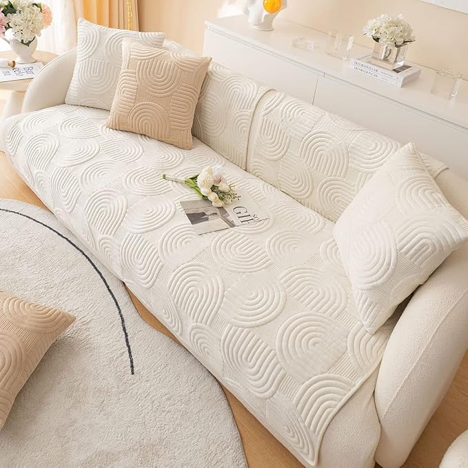 Soft Plush Geometric Quilted Couch Sofa Cover Boho Non Slip Fuzzy Sectional Couch Cover Solid Color Washable Sofa Slipcover Furniture Protector for Kids Dogs Cats (Ivory,43"x63")