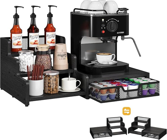 Coffee Station Organizer with K Cup Holder, 28 Pod Capacity,3-Tier Syrup Rack with Coffee Pod Holder Drawer, Coffee Bar organizer Countertop for Accessories,Black