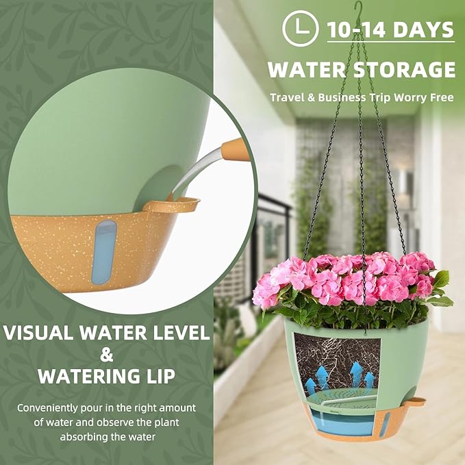 ZMTECH 12 Inch Large Self Watering Hanging Planters for Indoor Outdoor Plants - Water Level Indicator & Removable 60 Oz Reservoir, 1 Pack Plastic Hanging Basket for Window Porch Garden Balcony, Green