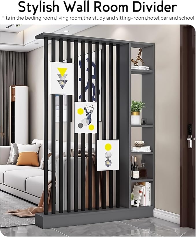 Wall Room Divider, Storage Cabinet Storage Display with Shelves, Modern Freestanding Wood Room Divider Screen, Wall Privacy Screens for Home Decorative (Grey,55" L x 9.5" W x 79.5" H)