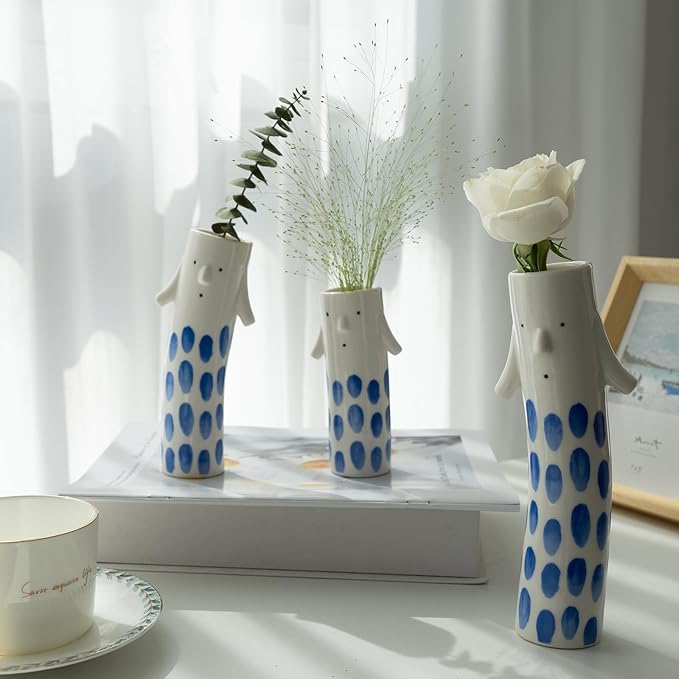 MOUGIGI Cute Family Face Vases Set of 3 - Unique Ceramic Bud Vases for Small Flower - Fun Modern Aesthetic Decor for Home - Pretty Decorative Flower Holder for Women and Kids for Spring