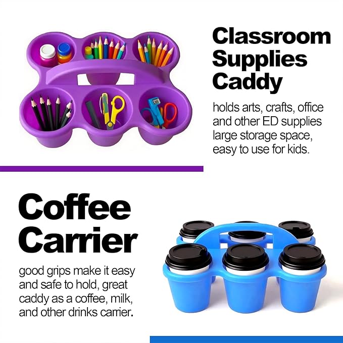 6-Cup Classroom Storage Caddy with Handles ,Art Supplies Stackable Storage Bins for Table, Office School Durable Easy-Clean Plastic Multiple Colors (Set of 6)
