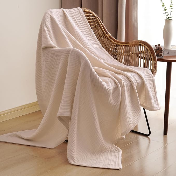 PHF 100% Cotton Muslin Throw Blanket 50" x 60", 4-Layer Lightweight Gauze Throw, Breathable Cloud-Soft Minimalist Blanket for Bed, Couch, Camping, Dusty Pink, Ideal Gift