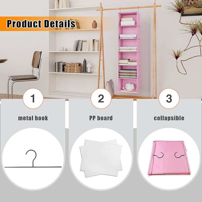 Hanging Closet Organizer, Easy Mount Foldable 6-Shelf Hanging Closet Wardrobe Storage Shelves, Clothes Handbag Shoes Accessories Storage, Washable Oxford Cloth Fabric, Pink