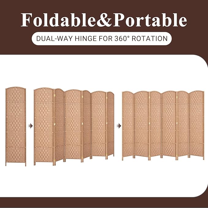HALLYBEE Room Divider, Room Dividers and Folding Privacy Screens, 16in Privacy Screen, 6 Panel Temporary Wall Partitions, 6ft Space Separation Panel Screen, Natural