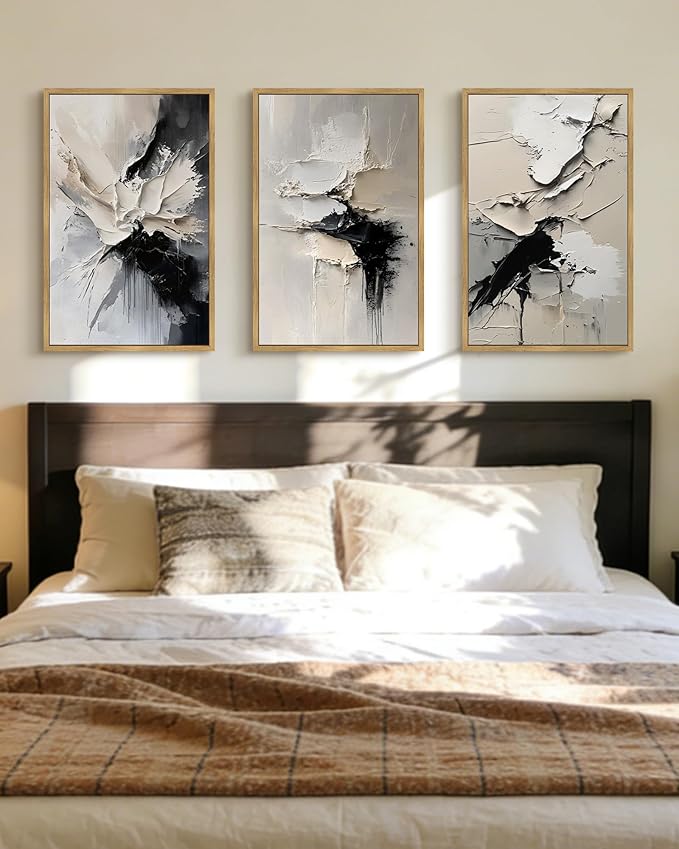 PHOPAGO Black Abstract Framed Wall Art Large 16x24in Minimalist Neutral Color Block Pastel Wall Decor Modern Brush Stroke Illustration Paints Home Decor - Natural Framed
