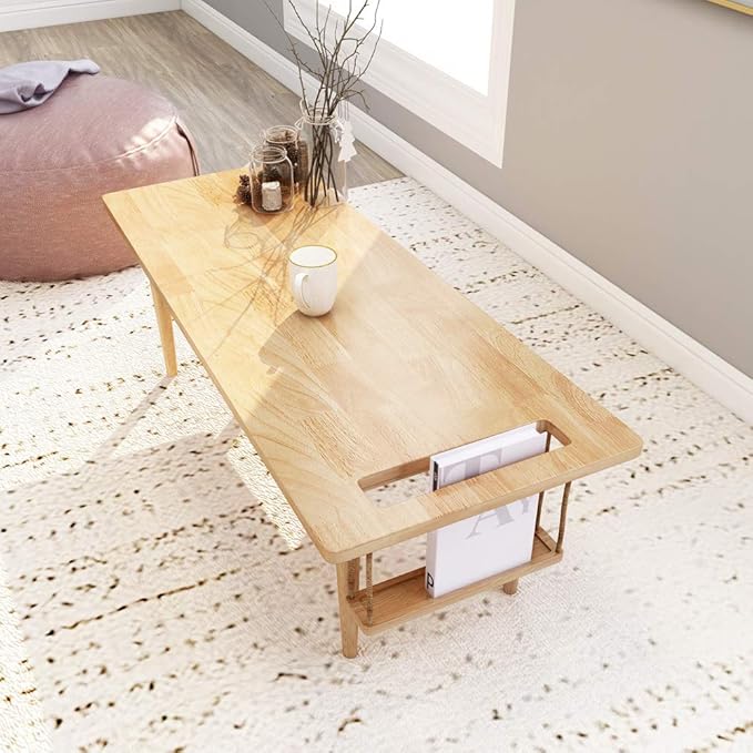 WoodShine Mid Century Modern Mini-Swing Wooden Coffee/Tea Table, Japanese Accent Floor Desk, Real Solid Wood Cafe Table with Storage for Home Living Room,Office, Length of 47.25 inches,Natural
