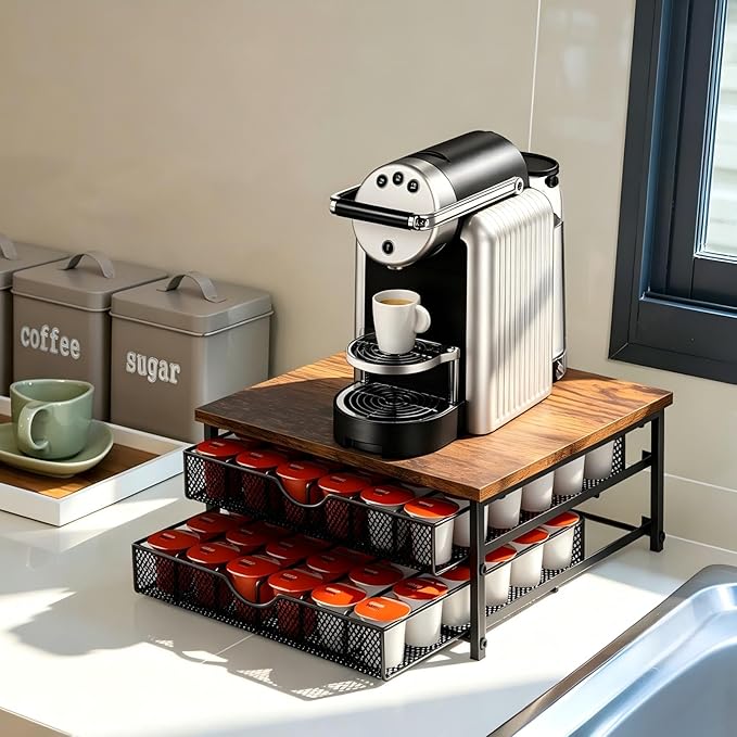 Coffee Pod Organizer 2 Tier Coffee Pod Drawer Holder 72 Capacity K Cup Coffee Capsule Storage Rack for Countertop Metal Coffee Pod Storage with Sliding Baskets for Home Office Coffee Station