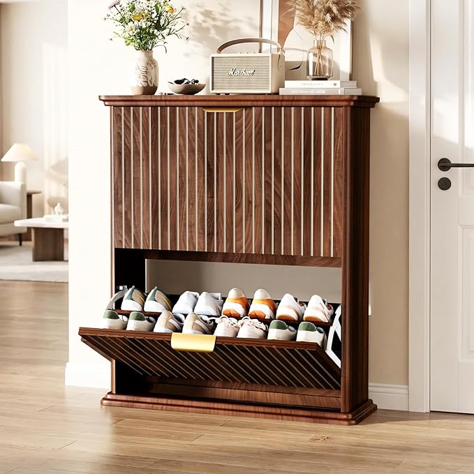 Walnut Slim Shoe Storage Cabinet with Fluted Doors,31.5" Modern Hidden Shoe Rack with 2 Flip Drawers,Rounded Corners,Wall-Mounted or Floor Shoe Organizer