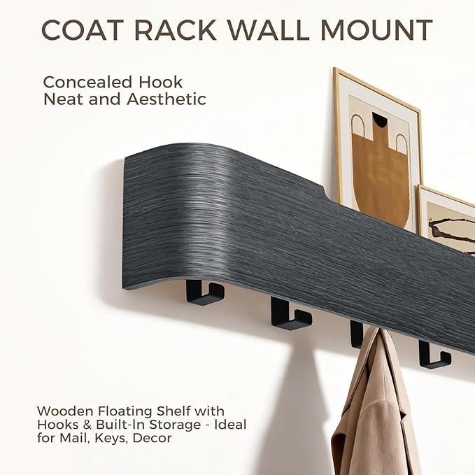Coat Rack Wall Mount with Shelf Entryway Shelf Modern Key Holder Hanger Wall Shelves with Hidden Hooks for Hanging Towels Coats Hats Bags for Hallway Bathroom Bedroom(Black, 8 Hooks)