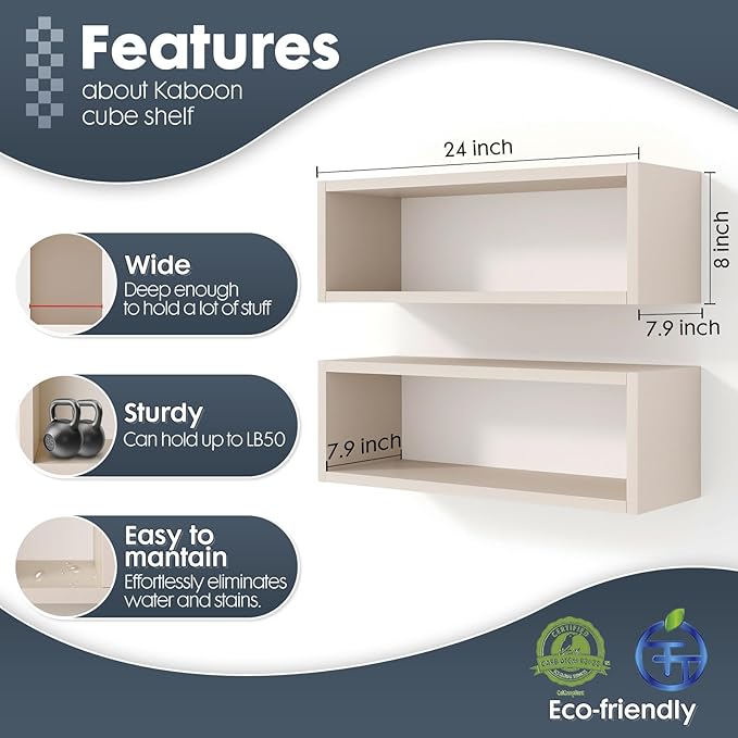 Kaboon 24in Floating Cube Shelves Set of 2, Display Shelves Wall Mount, Decorative Hanging Shelves for Kitchen Living Room Office,(Beige Leather, Rectangle 2 Cubes)