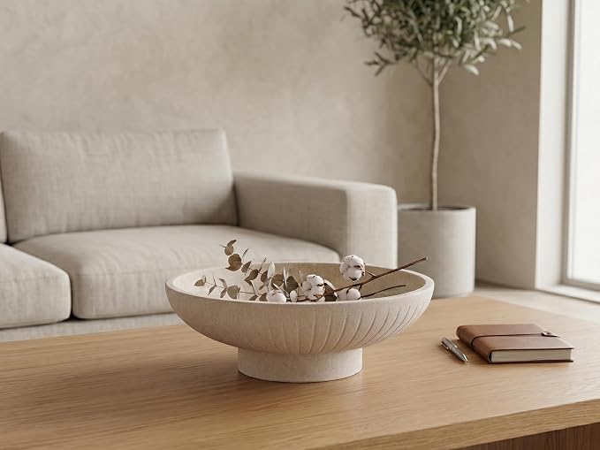 Minimalist Decorative Pedestal Bowl, 11.2''D Resin Vertical Stripes Catch All Bowl for Keys, Candles, Boho Large Dish for Coffee Table Centerpiece, Entryway Console Table, Beige White