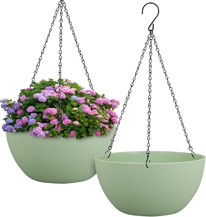 Meowell 12 inch Large Hanging Planters Plant Pots for Indoor Outdoor Plants, 2 Pack Hanging Flower Pots with Drainage Holes and Chain for Garden Porch, Plastic Hanging Baskets for House Plants, Green