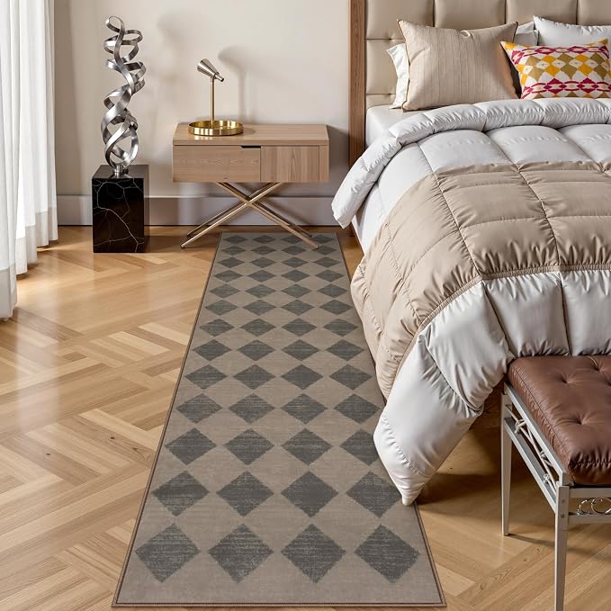 Lahome Zelie Checkered Washable 2x8 Brown Runners for Hallways Non Slip, Ultra-Thin Kitchen Bathroom Runner Rugs, Moroccan Trellis Throw Carpet Runner for Bedroom Entryway Decor (2'x8',Brown)