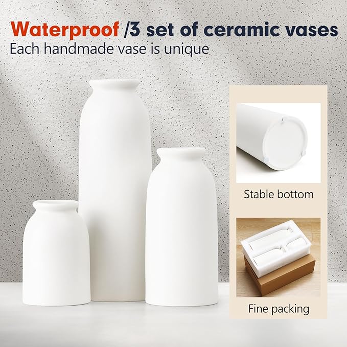 Ceramic Vases Set of 3, Small White Flower Decorative Vase for Pampas Grass & Dried Flowers, Rustic Vase for Table Bookshelf, Living Room