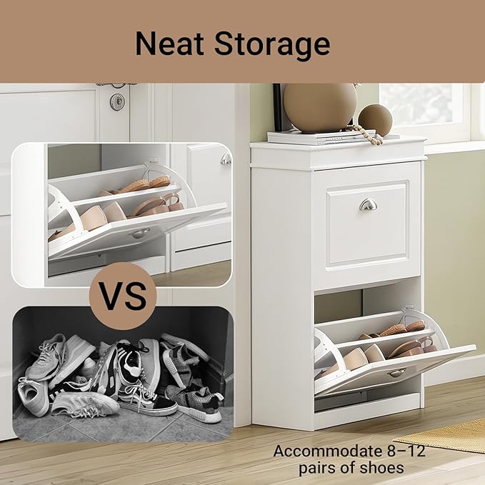 Haotian Small Shoe Cabinet, White 2 Flip Drawers Freestanding Shoe Rack, Shoe Storage Cupboard Organizer (9.45" D x 20.87" W x 32.28" H), FSR78-W