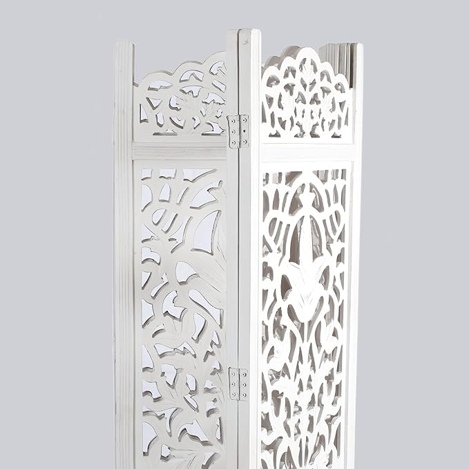 Lightnpro 4-Panel Wooden Room Divider 72"×72" - Hand-Carved Floral Folding Privacy Screen | Pre-Assembled Large Decorative Partition for Living Room, Bedroom, Office & Boho Home Décor - Antique White
