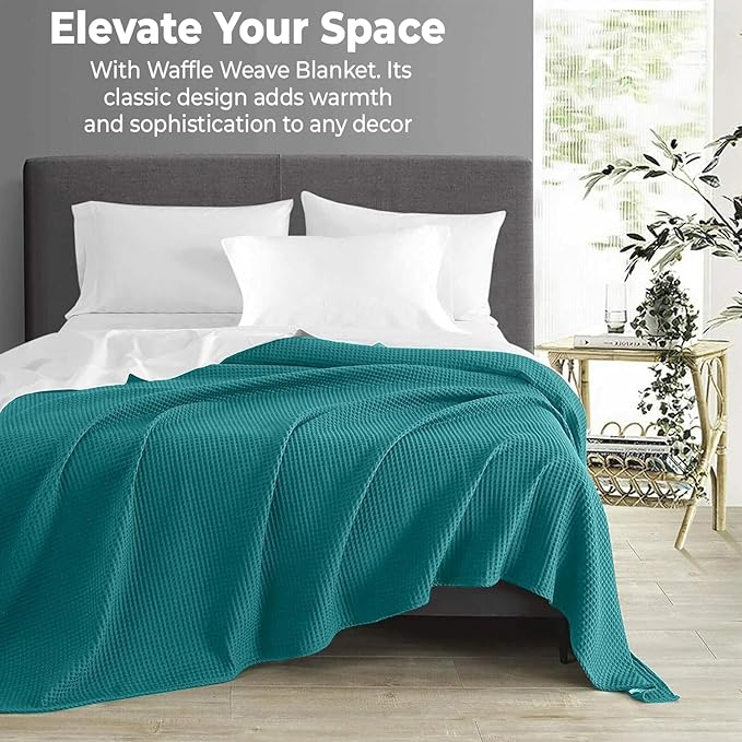 100% Cotton Blankets for Bed - Waffle Weave Blankets for Summer, Lightweight and Breathable Soft Woven Blanket for Spring (Teal, King (90" x 108"))