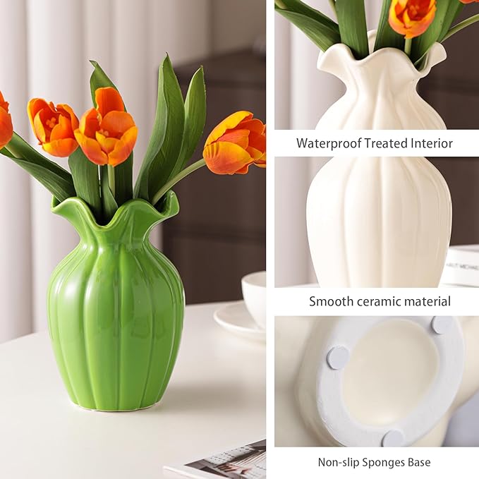 Seasonplan White Ceramic Vase, 8 Inch Flower Vase Home Decor Modern Decorative Vases for Bouquet, Unique Vases for Farmhouse Living Room Cabinet Table Centerpieces Wedding Decorations (Green)