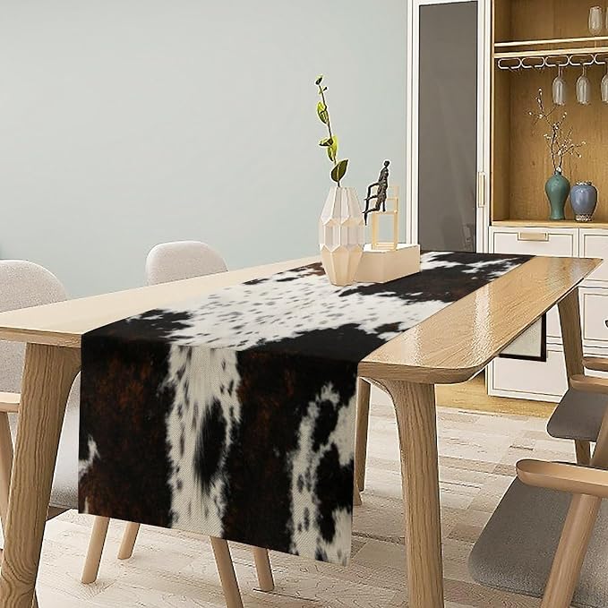 Cow Print Table Runner,Western Style Black Brown Cowhide Farmhouse Pattern Table Runner for Coffee Table Dining Room Table Bedroom Party Holiday Decor 13x36inch