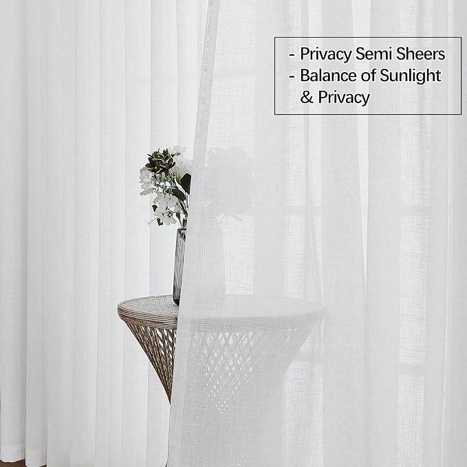 Pinch Pleat White Linen Curtains 108 Inches Long 2 Panels for Living Room Burlap Cotton Textured Semi Sheers Hooks for Ceiling Track Translucent Light Filtering Curtain Drapes 108 Inch Length
